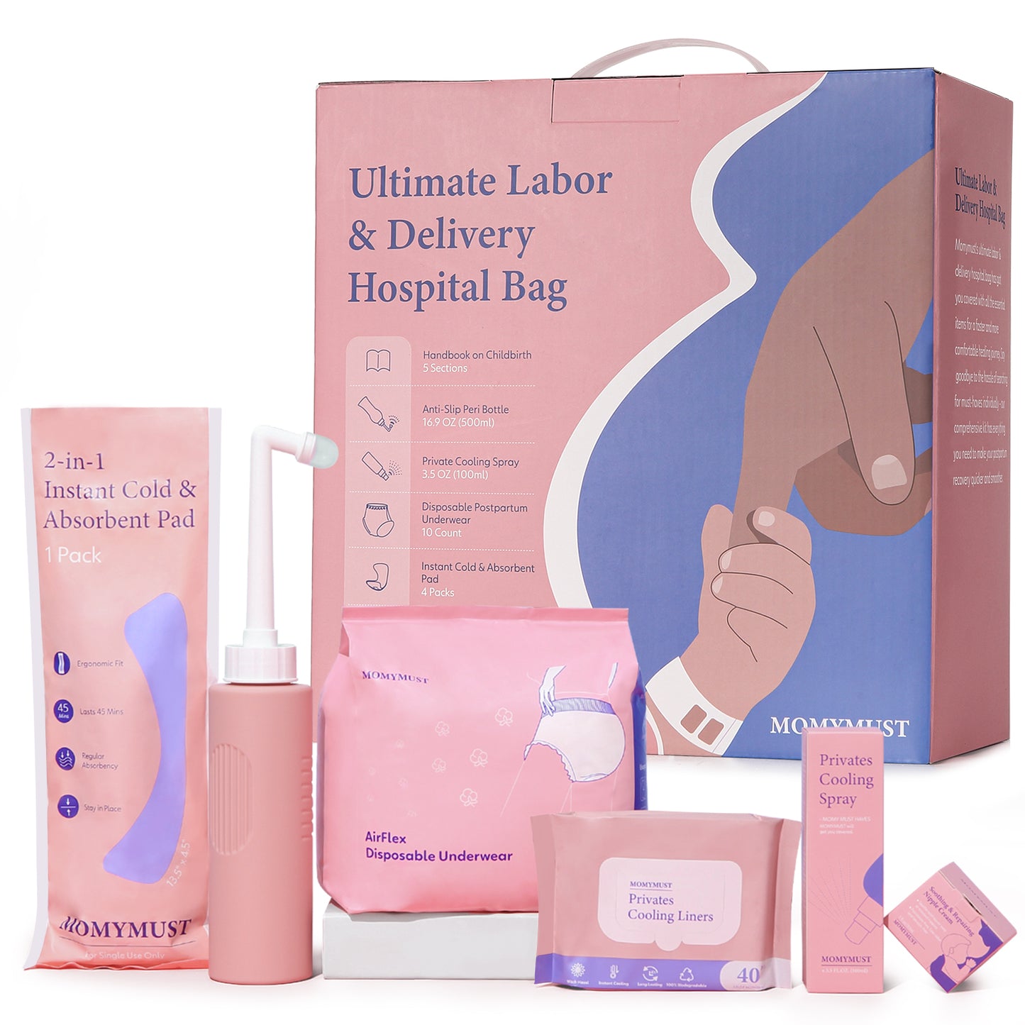 Postpartum Essentials Kit, Labor Delivery Mom Recovery Essentials w/Peri Bottle, Herbal Cooling Spray, Absorbent Disposable Underwear, Instant Cold&Absorbent Pad, Herbal Cooling Liners,Nipple Cream