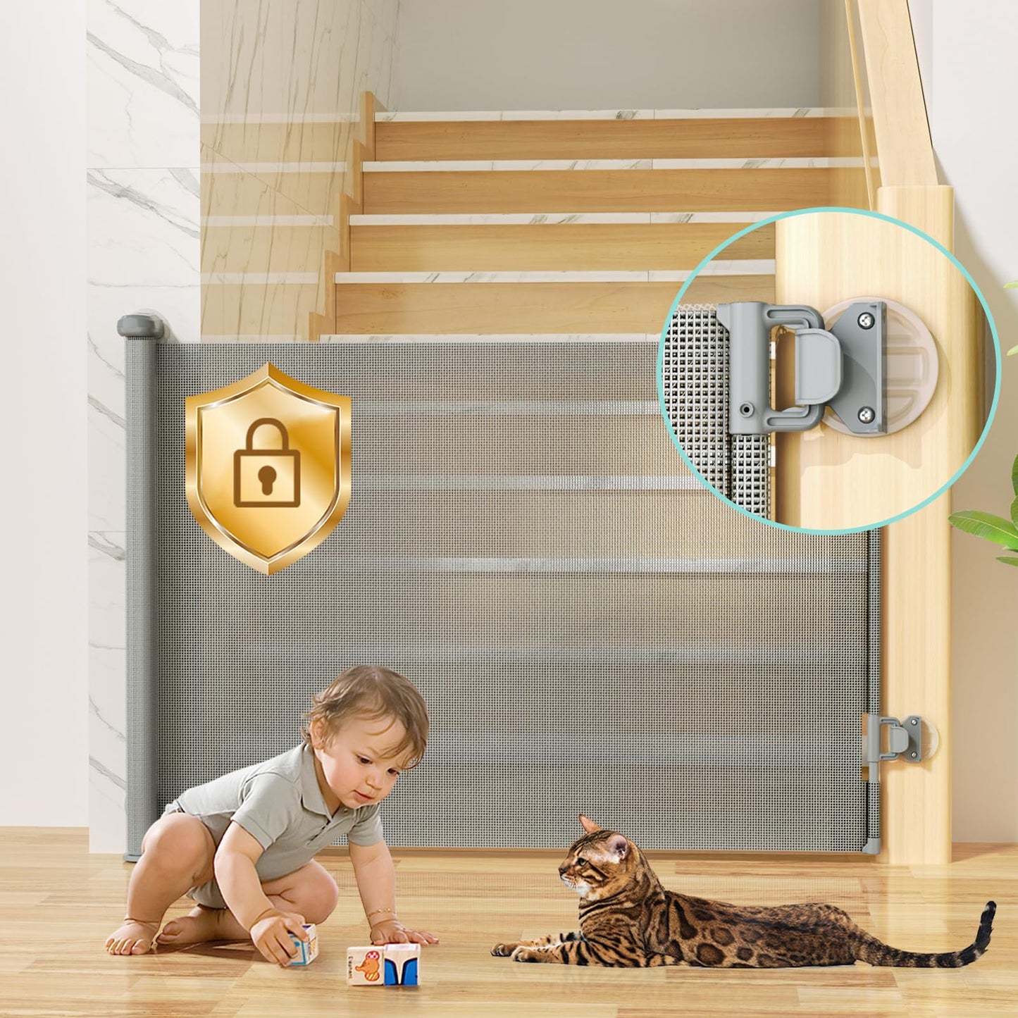Retractable Baby Gates Hardware Mount for Stairs with Auto-Lock